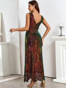 Close-up of geometric V-line sequin pattern on a sexy backless evening party gown