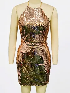 Vestito corto sexy con paillettes oro rosa e schiena scoperta per feste e club