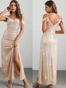 Women Sexy V Neck Cold Shoulder Sequin Evening Dress Champagne Slit Party Maxi Gown Elegant Formal Prom Dress For Lady