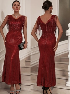 Robe du Soir Sirène à Paillettes Bordeaux Sexy pour Femme Col en V Gland Sans Manches Dos Nu Bodycon Maxi Fête