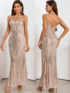 Women Sexy Backless Sequin Maxi Dress V Neck Spaghetti Strap Evening Gown Champagne Gold High Slit Elegant Party Wedding Dress