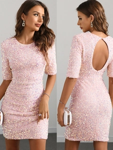 Women's Sexy Backless Sequin Mini Dress Round Neck Half Sleeve Slim Fit Party Nightclub Shiny Cocktail Evening Bodycon Dress