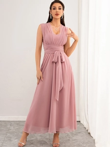 Detail of elegant sleeveless dusty rose chiffon evening gown with waist tie and V-neckline