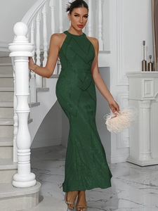 Elegant dark green sequin backless halter dress with a slim mermaid silhouette