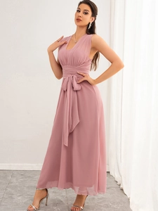 Elegant mauve pink sleeveless chiffon maxi dress with V-neckline and tied waistband