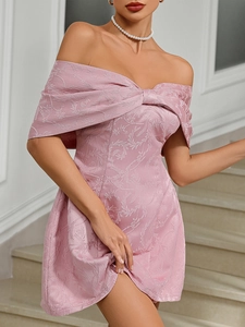 Elegant pink off-the-shoulder party dress with floral jacquard and bow neckline