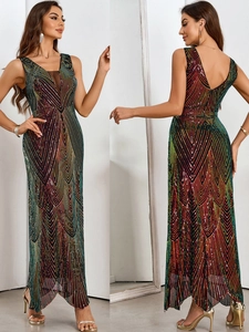 Sexy Backless Deep V-Neck Sequin Maxi Dress For Women Vintage Geometric Pattern Elegant Party Evening Gown Gala Dress