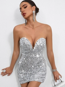Sexy rückenfreies Pailletten-Minikleid in Silber für Cocktailpartys und festliche Events