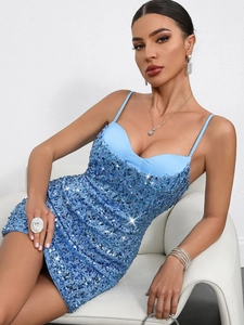 Light blue sequin mini dress with spaghetti straps and bodycon fit for summer parties