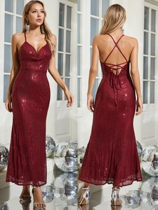 Damen Sexy Pailletten Spaghetti-Träger Rückenfreies Abendkleid V-Ausschnitt Meerjungfrau Langes Kleid Für Party Hochzeit Weinrot