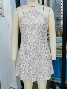Sparkly silver sequin halter mini dress with metallic shine and slim A-line silhouette