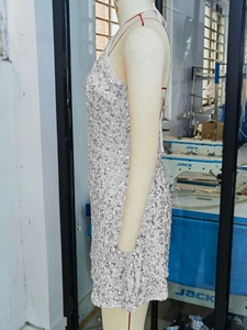 Detailed view of shiny silver sequins and halter backless design on sexy mini dress