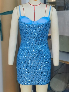 Sexy sky blue sequin bodycon mini dress with thin straps for summer party and cocktail