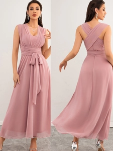 Elegant Pink Chiffon Sleeveless V Neck Maxi Dress Sexy Tie Waist Criss Cross Back Evening Party Wedding Gown For Women