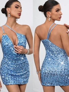Robe Mini Sexy à Paillettes Une Épaule pour Femmes Bleu Clair Dos Nu Col Bénitier Moulante Robe de Soirée avec Anneau