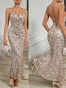 Women Sexy Sequin Spaghettit Strap Evening Gown Elegant V Neck Backless Mermaid Bodycon Party Prom Maxi Dress