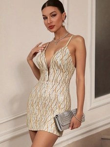 Elegant deep V-neck sequin bodycon mini dress with wavy metallic pattern for party wear