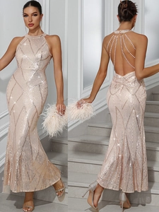 Women Halter Neck Sequin Evening Gown Backless Artificial Pearl Chain Decor Mermaid Long Dress For Wedding Party Banquet