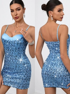 Women Sexy Light Blue Sequin Camisole Mini Dress V Neck Sleeveless Bodycon Sparkly Elegant Party Cocktail Evening Dress