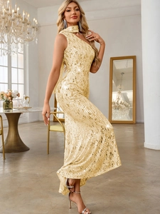 Sparkling gold sequin one-shoulder fishtail evening dress for formal parties