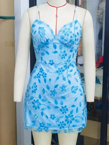 Détails de broderie de paillettes bleues et dentelle florale sur la robe courte