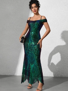 Elegant slim fit sequin evening gown with colorful gradient pattern and fishtail hem