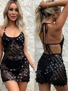 Robe Courte Sexy Dos Nu à Paillettes pour Femmes Maille Transparente Tenue de Club Plage Bodycon Soirée