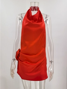 Sultry red satin halter neck mini dress with pleated draped detail for party wear