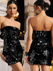 Women Sexy Strapless Sequin Mini Dress Backless Bodycon Party Evening Clubwear Solid Color Slim Fit Short Prom Gown