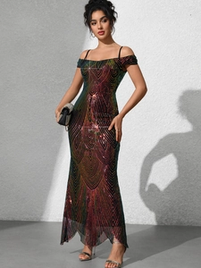 Elegant multi-color sequin slim fit evening gown with spaghetti straps and mermaid hem