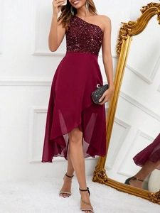 Detail of burgundy one-shoulder sequin bodice and asymmetrical chiffon evening dress