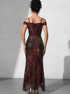 Detail of colorful gradient sequins and geometric diamond pattern on a backless evening gown