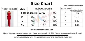 Size chart table for elegant red satin bodycon dress showing measurements from S to XL