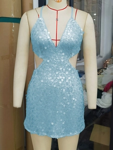Sexy light blue sequin mini dress with deep V-neck and cut-out waist for evening parties