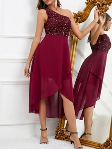 Elegant burgundy one shoulder evening dress with sequin bodice and layered chiffon skirt