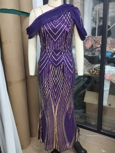 Detailed view of purple Art Deco sequins and one-shoulder chiffon cape on formal gown