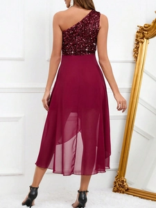 Elegant burgundy one-shoulder sequin chiffon high-low evening dress for women