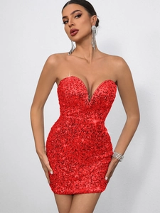 Sexy rotes Pailletten-Bodycon-Minikleid mit tiefem V-Ausschnitt für glamouröse Partys