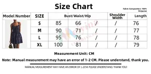 Size chart for floral summer dress showing S to XL measurements in CM and polyester fabric
