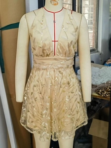 Champagne sequin leaf embroidery mini dress with deep V-neck for beach parties