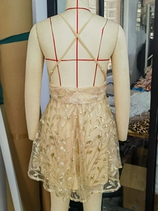 Detail view of champagne gold sequin embroidery and cross strap back on evening dress
