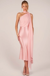 Detail of pink satin halter dress with chiffon shoulder drape and elegant streamer design