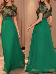 Elegant Sequin Patchwork Chiffon Evening Dress For Women Sexy Round Neck Short Sleeve High Waist Green Gold Maxi Gown