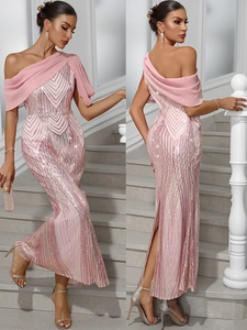 Women Sexy One Shoulder Sequined Mermaid Evening Gown Chiffon Patchwork Bodycon Floor Length Formal Party Dress