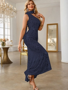 Detail of the navy blue sequin evening dress showing the one-shoulder neck design