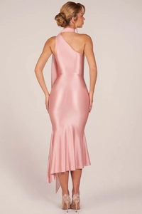 Detail of pink satin halter dress with an asymmetric back and flowing fishtail hem