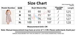 Size chart for floral print midi dress showing measurements from S to XL in centimeters