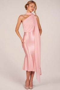 Detailed view of the elegant pink satin dress featuring a long flowing chiffon neck streamer