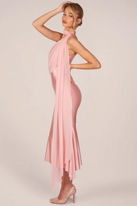 Detail of elegant pink satin evening dress featuring a slim-fit fishtail silhouette and ribbon
