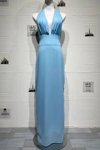 Detailed front view of a light blue halter maxi dress with V-neckline and ruched waist